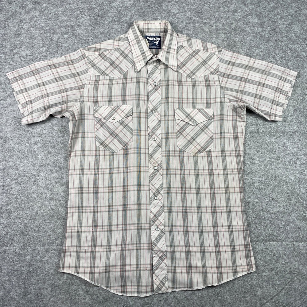 Vintage 80s Wrangler Cowboy Cut Shirt Mens 15.5 Tan Plaid Pearl Snap Made In USA